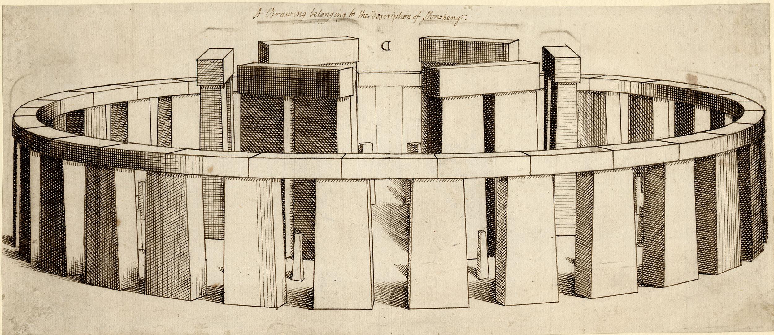 A drawing belonging to the description of Stonehenge; view of a complete Stonehenge, seen from above. Pen and brown ink, with indented lines. Drawn by John Webb between 1650-1655